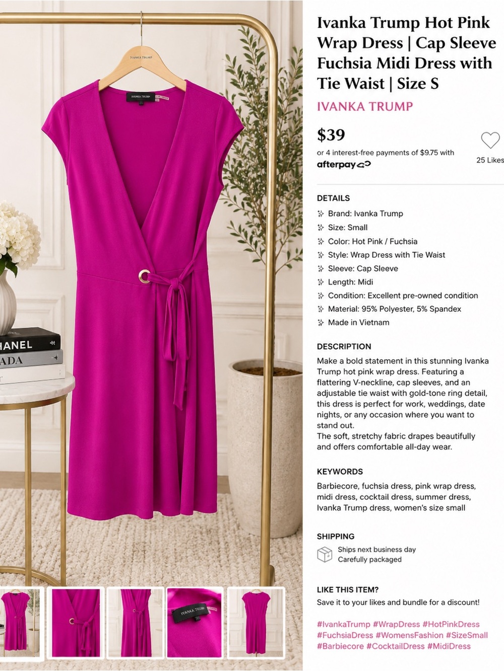 Magenta Ivanka Trump size small wrap dress with cap sleeves, Barbie core chic